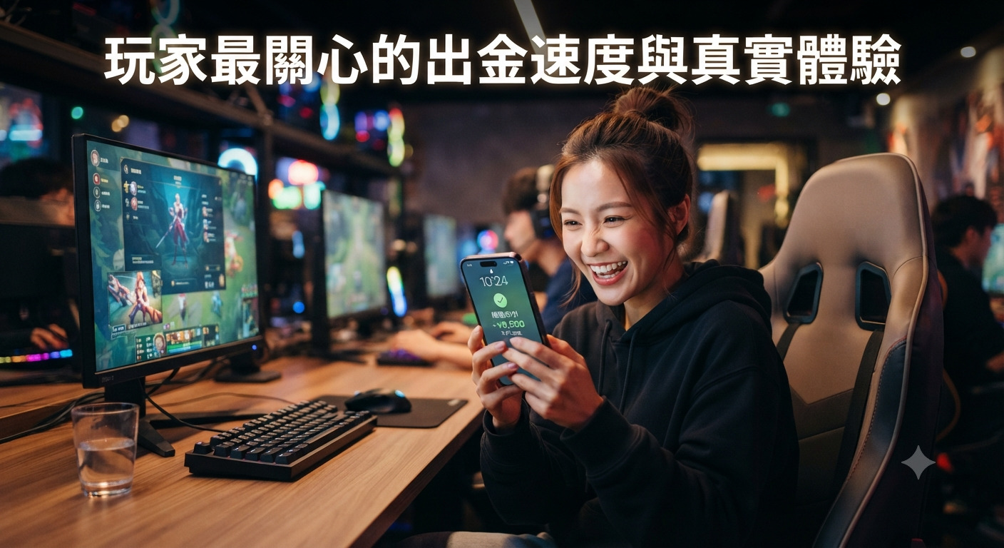 這張圖片展示了一位玩家正興奮地看著手機螢幕上顯示的成功出金通知,背景為現代化的電競遊戲環境。 畫面正上方清晰地標示著「玩家最關心的出金速度與真實體驗」這段主標題文字。